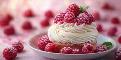 Raspberry cupcake topped with cream and fresh fruit served on a white plate photo