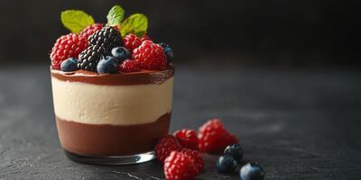 Delicious layered dessert with chocolate mousse, cream, and fresh berries served in a glass photo