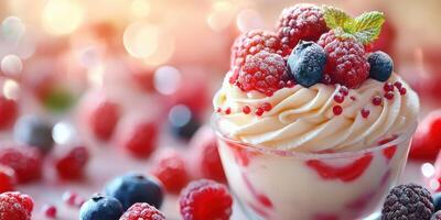 Delicious dessert featuring whipped cream topped with fresh berries and mint leaves at a summer gathering photo