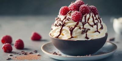 Delicious dessert featuring whipped cream, raspberries, and chocolate drizzle served in a bowl photo