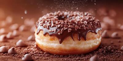Delicious chocolate donut covered in sprinkles with chocolate chips scattered around photo