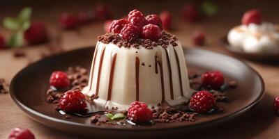 Delicious raspberry dessert topped with chocolate and fresh berries served on a dark plate photo