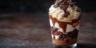 Delicious chocolate dessert with layers of cake, whipped cream, and chocolate shavings in a glass cup photo