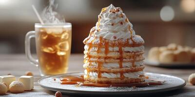 Delicious stack of fluffy pancakes topped with whipped cream and caramel sauce alongside a cold beverage in a cozy cafe photo