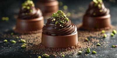 Delicious chocolate desserts topped with pistachios on a dark kitchen countertop photo