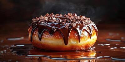 Indulgent chocolate glazed donut with rich chocolate shavings on top and syrup drizzling on the surface photo
