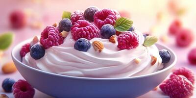Delicious yogurt bowl topped with fresh raspberries, blueberries, and almonds served in a cozy setting photo