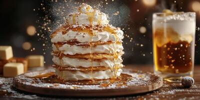 Stack of pancakes topped with whipped cream and syrup served with a drink on a rustic table in a warm cafe setting photo