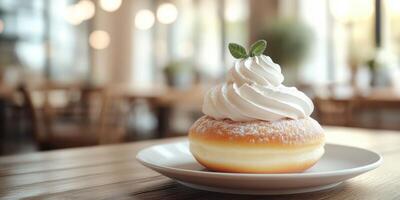 Dessert served on a plate with cream and mint in a cozy cafe during daylight hours photo