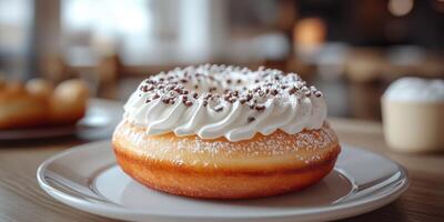 Delicious cream-filled donut topped with whipped cream and chocolate sprinkles on a plate in a cozy cafe setting photo