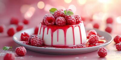 Raspberry dessert served on a white plate garnished with fresh berries and mint on a pink background photo