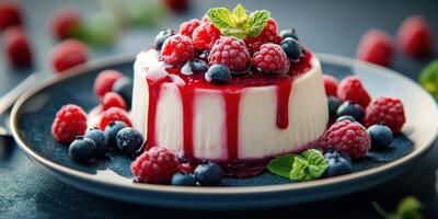 Delicious panna cotta topped with fresh berries served on a dark plate in a cozy setting photo