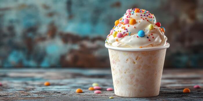 Creamy vanilla ice cream topped with colorful sprinkles in a disposable cup on a rustic wooden table photo