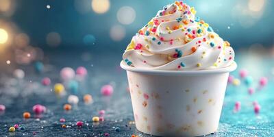 Delicious soft serve ice cream topped with colorful sprinkles in a festive environment photo