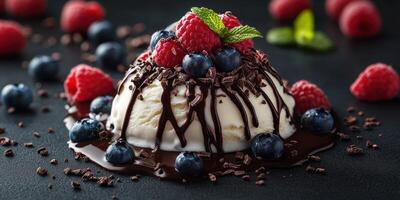 Indulging in a delicious ice cream sundae topped with fresh berries and chocolate sauce on a dark surface photo