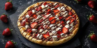 Delicious dessert pizza topped with strawberries, marshmallows, and chocolate sauce in a restaurant setting photo