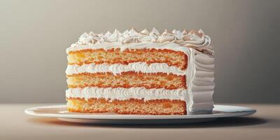 Delicious layered cake with creamy frosting displayed on a simple plate in a softly lit setting photo