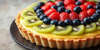 Colorful fruit tart with an assortment of berries and kiwi arranged beautifully on a dessert plate photo