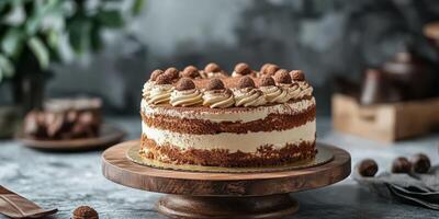Delicious layered cake decorated with chocolate truffles on a wooden stand in a cozy kitchen setting photo