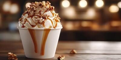 Delicious dessert with caramel drizzle and walnuts served in a white cup at a cozy cafe photo