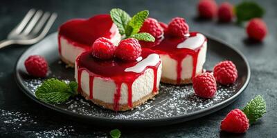 Heart-shaped cheesecake served on a black plate with fresh raspberries and mint leaves photo