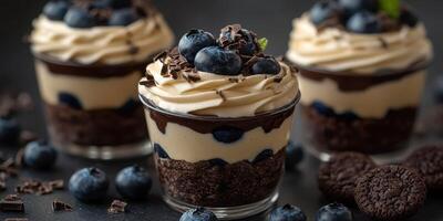 Delicious blueberry dessert with cream and chocolate layers served in small glass cups at a cozy kitchen setting photo