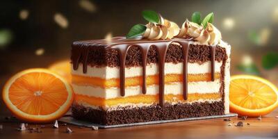 Delicious chocolate orange layered cake adorned with cream and garnished with fresh leaves photo