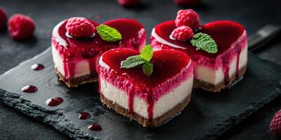 Heart-shaped desserts topped with fresh raspberries and mint leaves create a delightful treat on a slate platter photo
