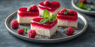 Heart-shaped raspberry desserts with mint leaves on a dark plate ready for serving during a special occasion photo