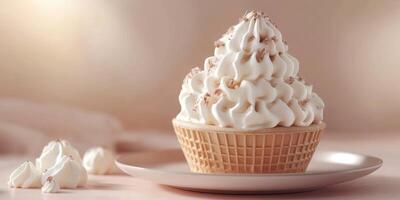 Creamy whipped dessert in a waffle cone served on a plate with a soft background photo