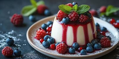 Creamy dessert topped with fresh berries served on a plate for a delightful treat at a dinner gathering photo