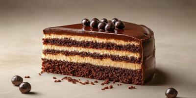 Rich chocolate layer cake with creamy filling and glossy frosting displayed on a neutral background photo