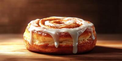 Freshly baked cinnamon roll with cream cheese icing resting on a wooden surface in warm light photo