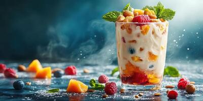 Colorful dessert parfait with fruits, nuts, and mint on a dark background photo