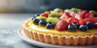 Delicious fruit tart adorned with fresh berries and kiwi on a plate in bright kitchen setting photo