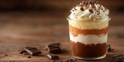Layered dessert with chocolate, cream, and sponge cake presented on rustic wooden table photo