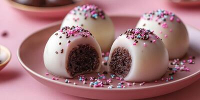 Sweet chocolate truffles with colorful sprinkles on a pastel plate for dessert enjoyment photo