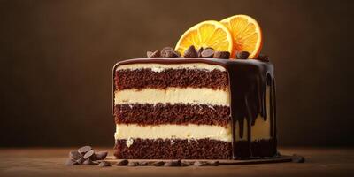 Delicious chocolate cake with orange slices served on a wooden table in a cozy setting photo