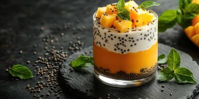 Refreshing mango chia pudding served in a glass with mint leaves, showcasing layers of fruit and cream on a dark background photo