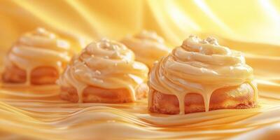 Decadent cinnamon rolls topped with sweet glaze on a golden backdrop create a delightful dessert display photo