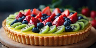 Colorful fruit tart with a buttery crust placed on a wooden surface surrounded by fresh berries photo