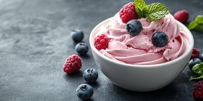 Delicious dessert bowl filled with raspberry and blueberry ice cream topped with fresh mint leaves photo
