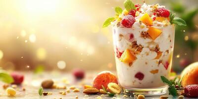 Delicious fruit parfait with yogurt, granola, and nuts displayed on a table with sunlight streaming in during the morning photo