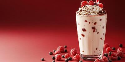 Creamy raspberry milkshake topped with whipped cream and chocolate drizzle for a delightful treat photo