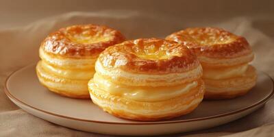 Delicious pastries with creamy filling served on a plate in a warm setting photo