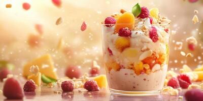 Colorful parfait with fruit, nuts, and oats on a bright background filled with flying ingredients photo