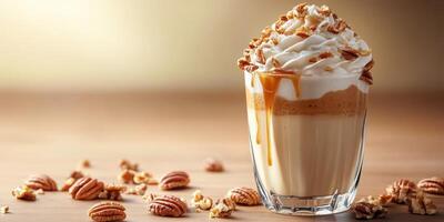 Indulgent caramel pecan dessert drink topped with whipped cream photo