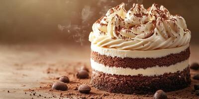 Delicious chocolate cake with creamy frosting and cocoa powder topping displayed on a rustic wooden table photo