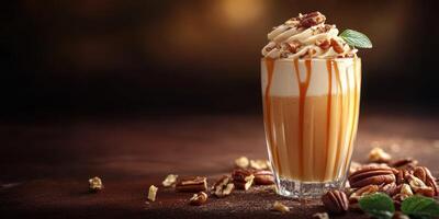 Delicious creamy drink topped with nuts and caramel served in a stylish glass on a dark background photo