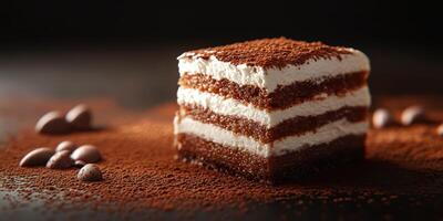 Chocolate cake with layers of frosting and cocoa powder on a dark background creates a rich dessert experience photo